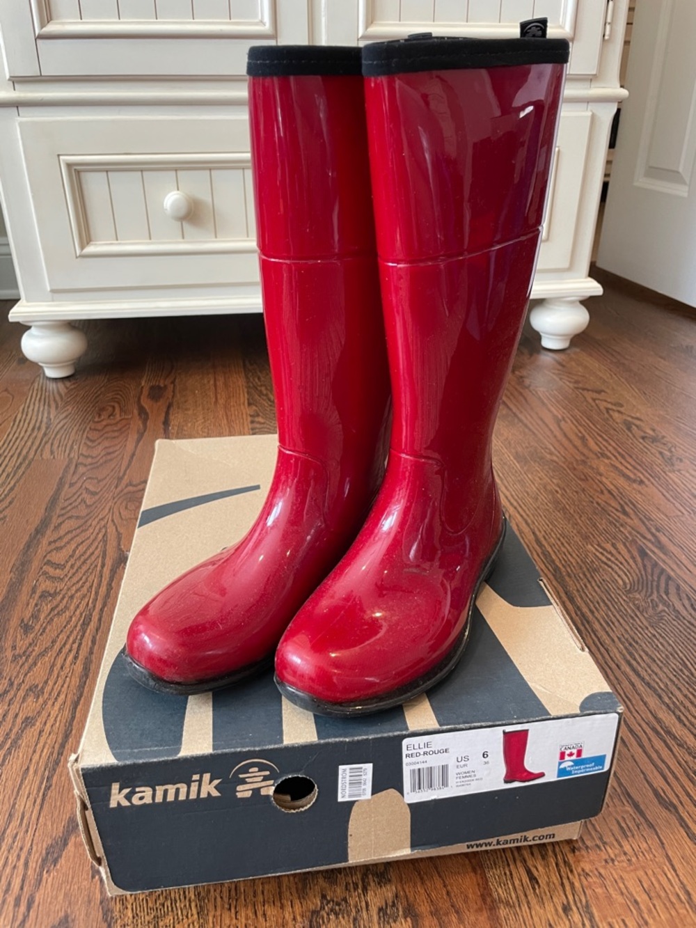 Kamik Glossy Red Tall Rain Boots with Black Trim